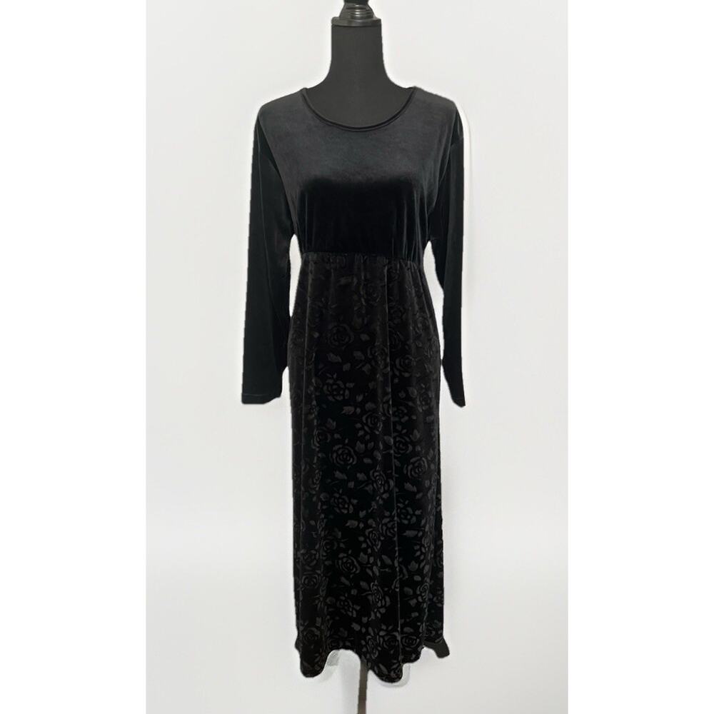 VTG Erika Studio Burnout Velvet Floral Midi Dress Black Whimsigoth 90s Vamp XL